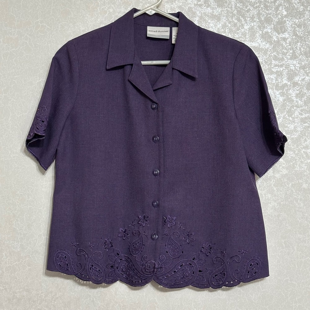 Alfred Dunner Embroidered Paisley Button Up Blouse Purple Petite Cottagecore‎ 6P
